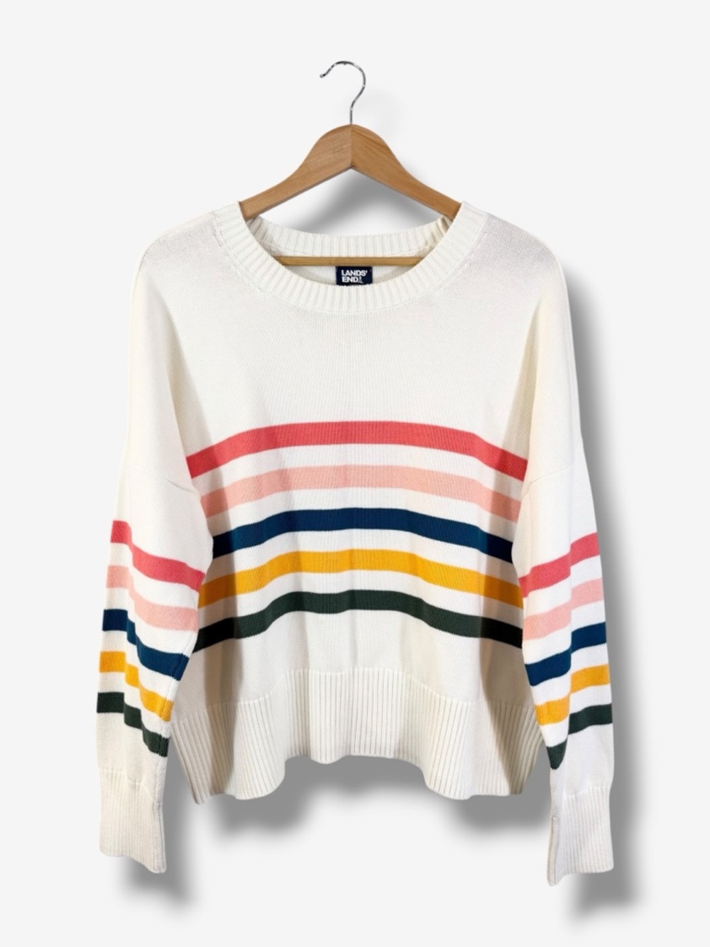 Lands End Drifter Sweater Size XL 18 White Rainbow Stripe Nautical Preppy Casual